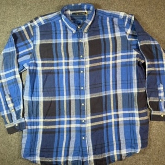 Ralph Lauren Men's 3XLT Blue Plaid Linen Blend Button Down Shirt Preppy Lux Work - Picture 2 of 11